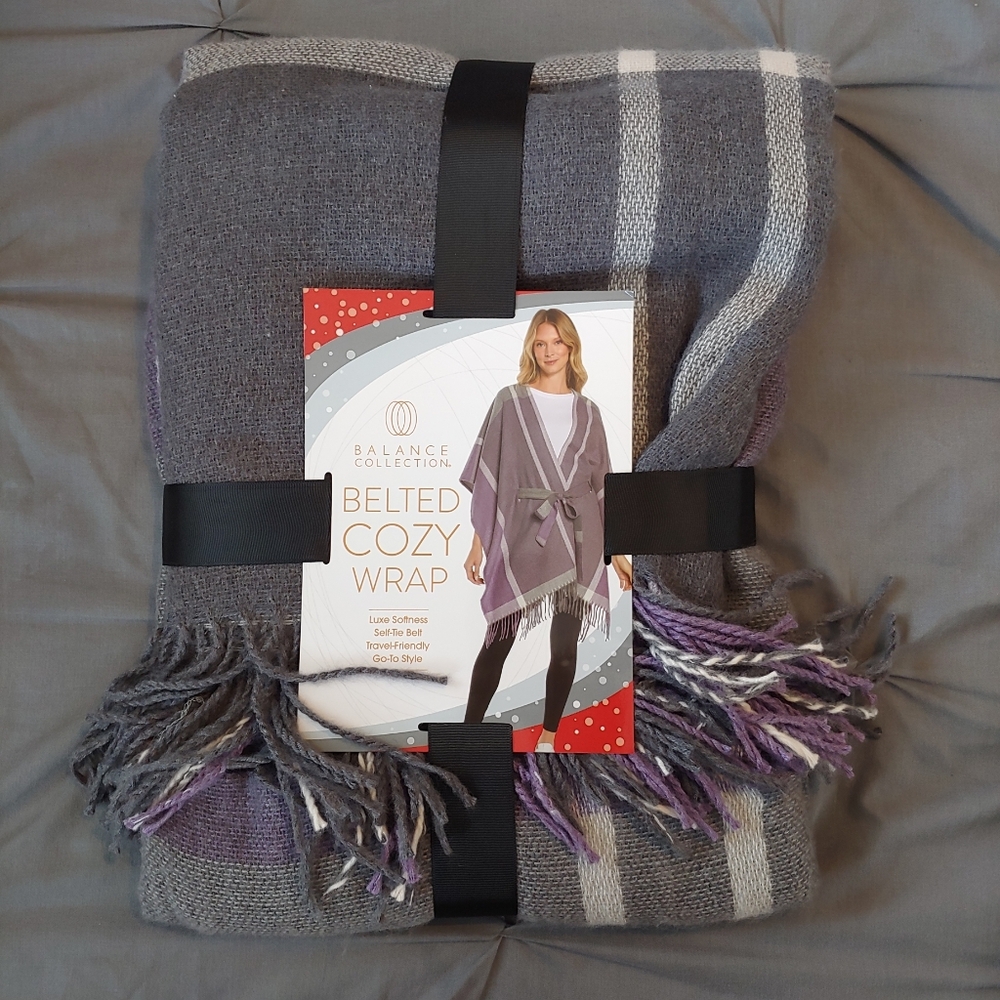 NWT Balance Collection Belted Cozy Wrap, One Size, Purple/Grey/White